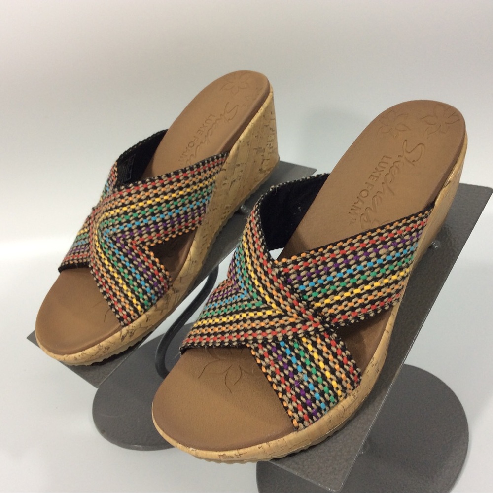 Skechers 7/4/37 Slide Sandals Multicolor Woven Textile Luxe Foam